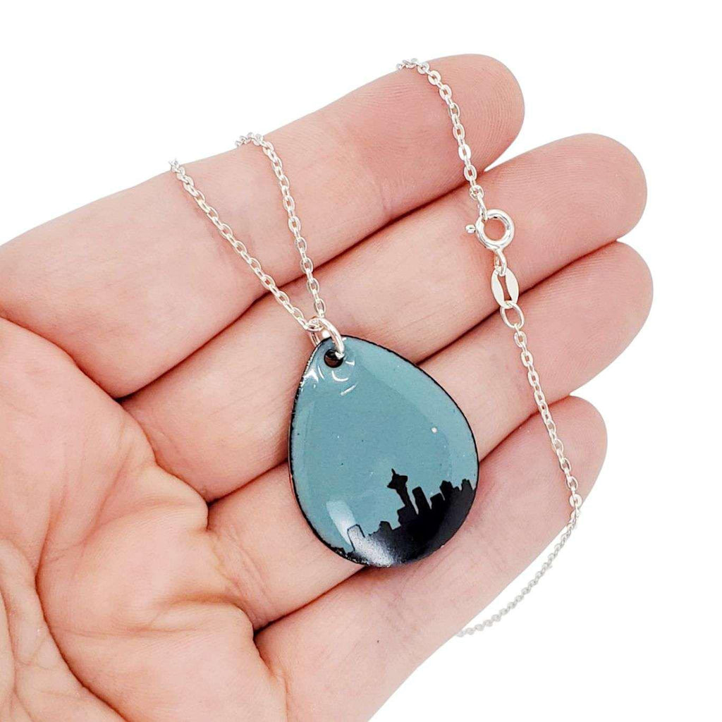 Necklace - Seattle Skyline Large Teardrop (Gray Turquoise) by Magpie Mouse Studios