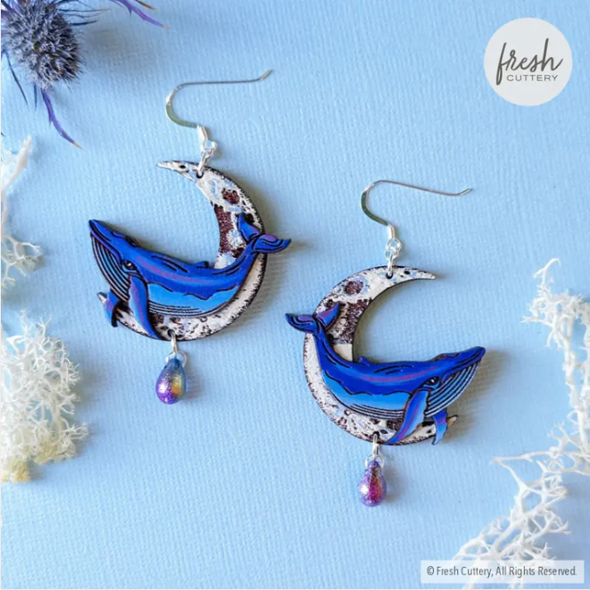 Earrings - Midnight Blue Celestial Whale (Silver French Hooks) by Fresh Cuttery