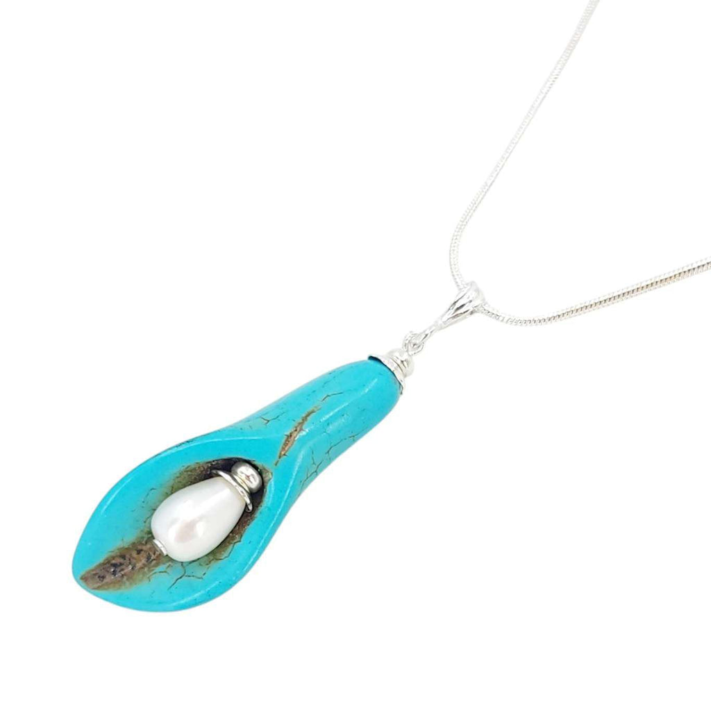 Necklace - Single Pearl Peace Lily Pendant (Howlite, Pearl, Silver Fill) by Tiny Aloha