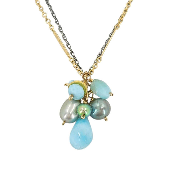 Necklace - Double Strand Gem Cluster (Larimar, Pearl) by Calliope Jewelry