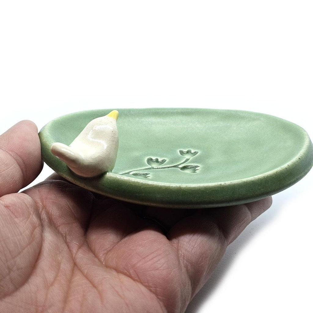 Oval Ring Dish - White Bird with Flowers (Green) by Tasha McKelvey