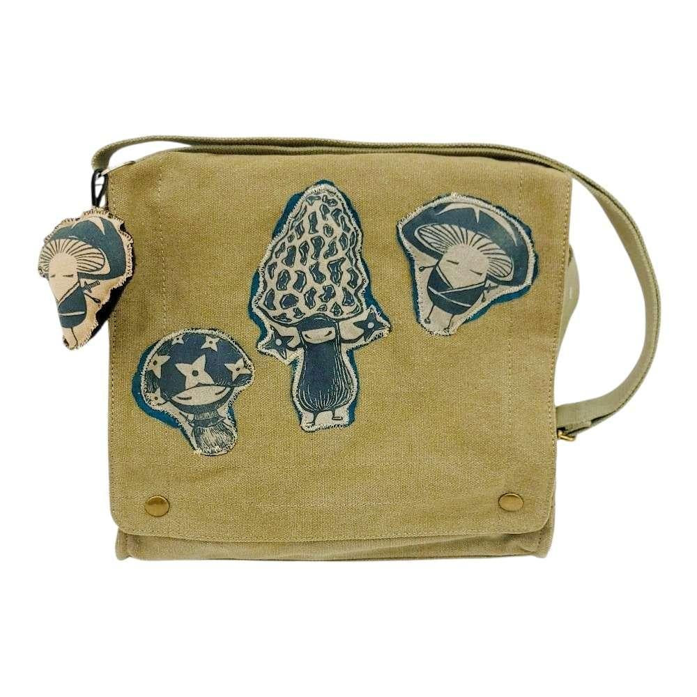 Messenger Bag - Mushroom Trio (Puffy Appliqué on Olive Canvas) by Namu