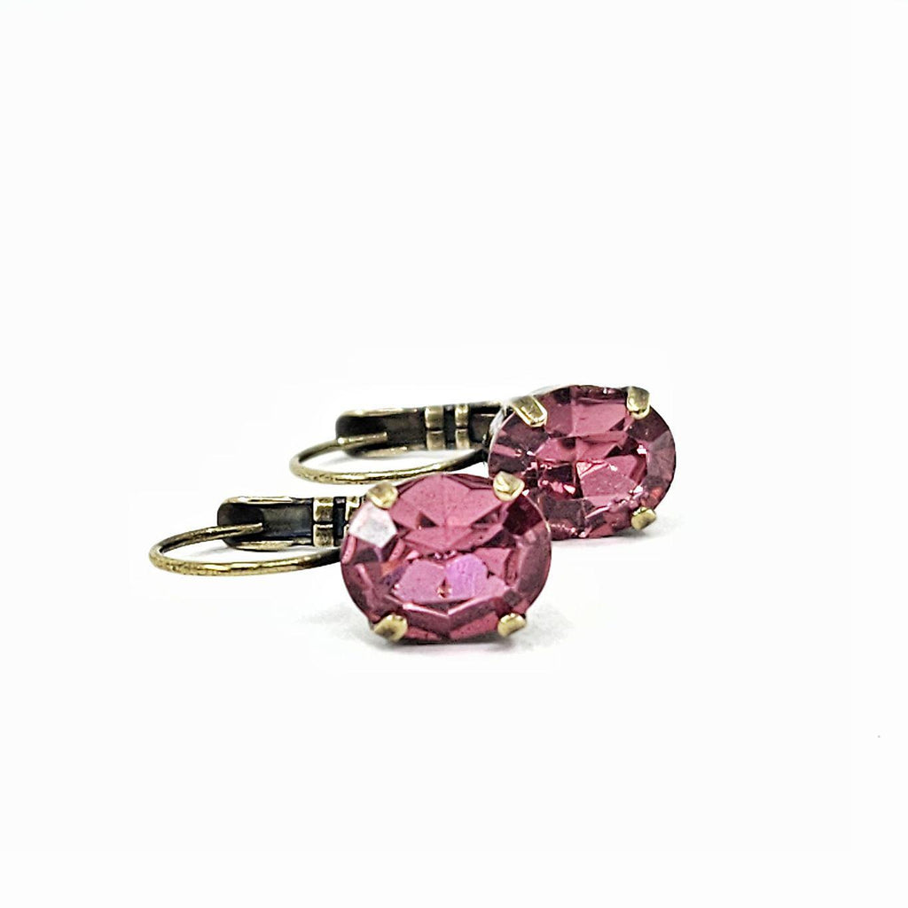 Earrings - Leverback - Oval Rhinestone Dark Rose Pink (Brass) by Christine Stoll | Altered Relics