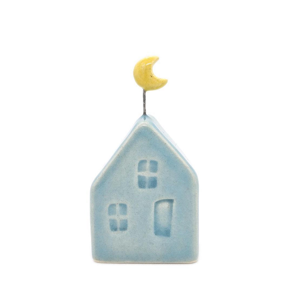 Tiny Pottery House - Aqua Blue with Moon by Tasha McKelvey