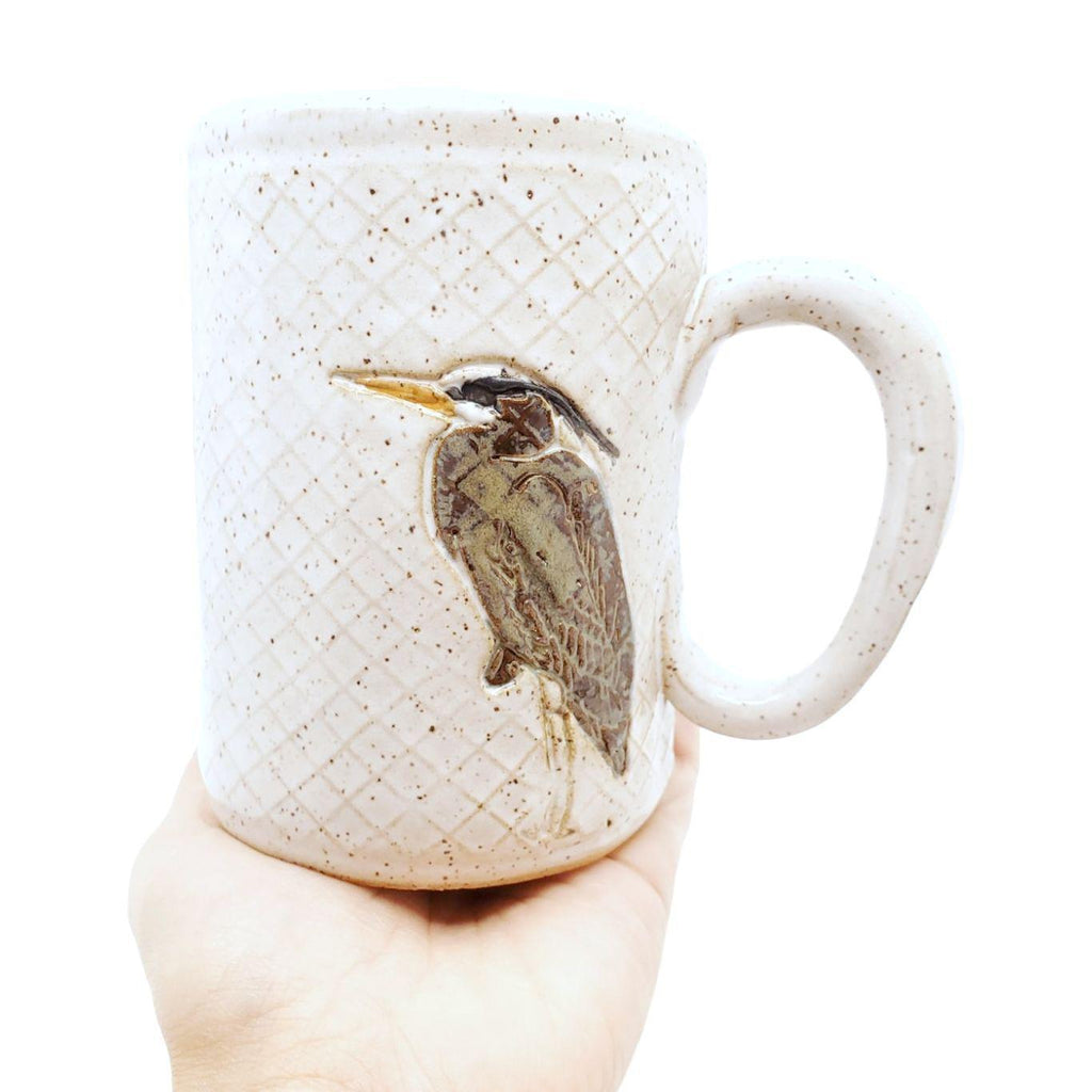 Mug - 16oz - Blue Heron White Ceramic Mug by White Squirrel Clayworks