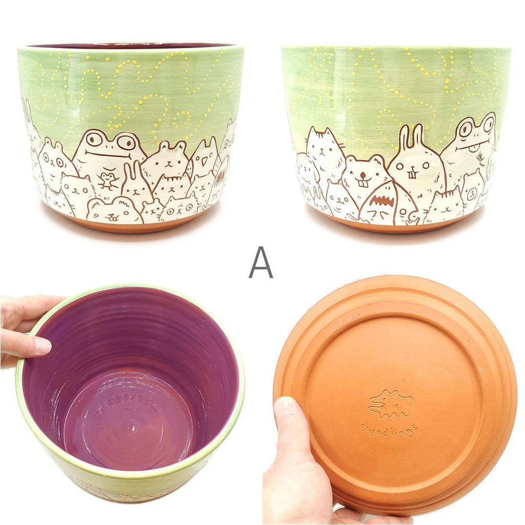 Planter - 7.5in x 5.5in  - Critter Town Green Cachepot (A or B) by Dwadlings