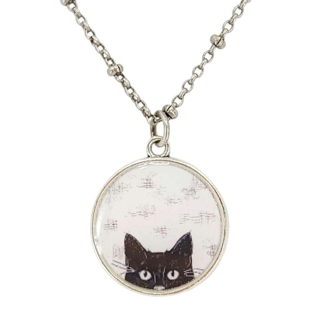 Necklace - Peeking Black Cat Circle Pendant (Silver) by Christine Stoll |Altered Relics