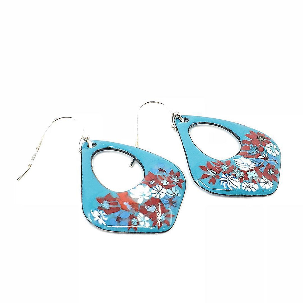 Earrings - Open Wide Drop (Red White Floral on Pacific Blue) by Magpie Mouse Studios