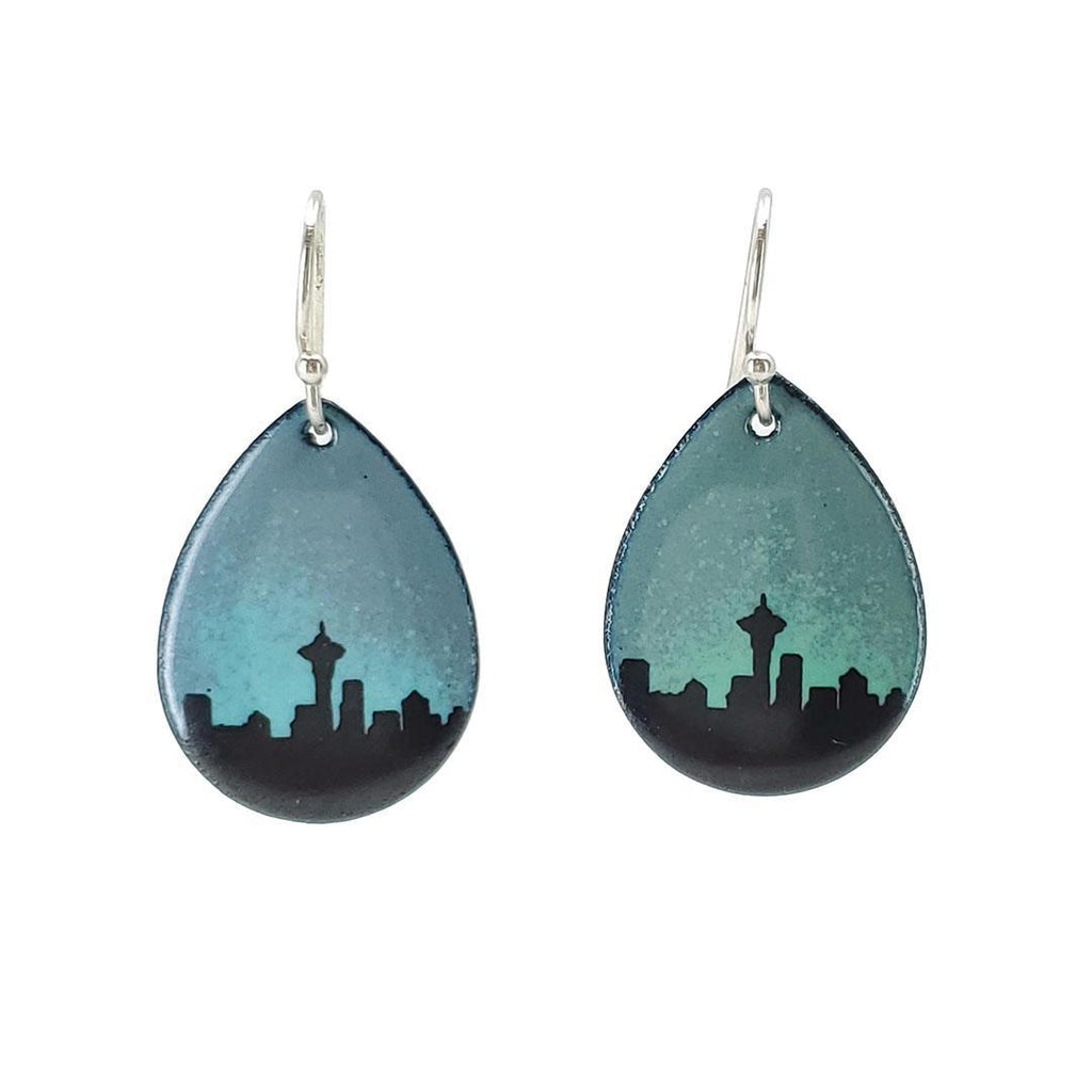 Earrings - Seattle Skyline Medium Teardrop (Gray Aqua Ombre) by Magpie Mouse