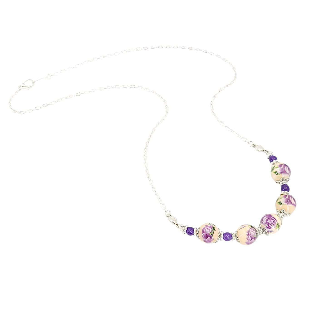 Necklace - Ceramic Bead Chain (Purple Floral) by Tiny Aloha