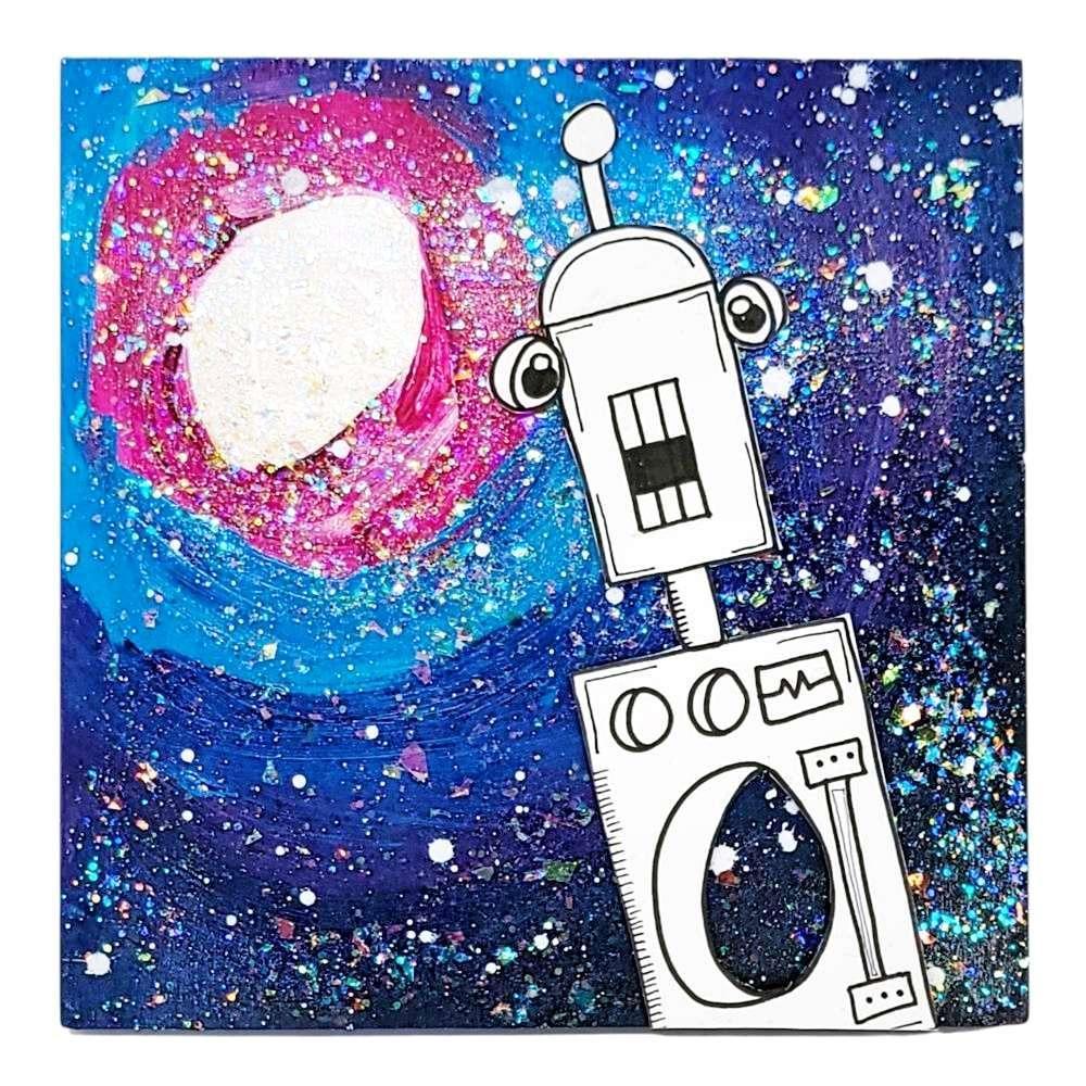 Original Painting - 6x6in - Galaxy Sparkle 3D Robot (Arty in Orbit) by Mandy Greear
