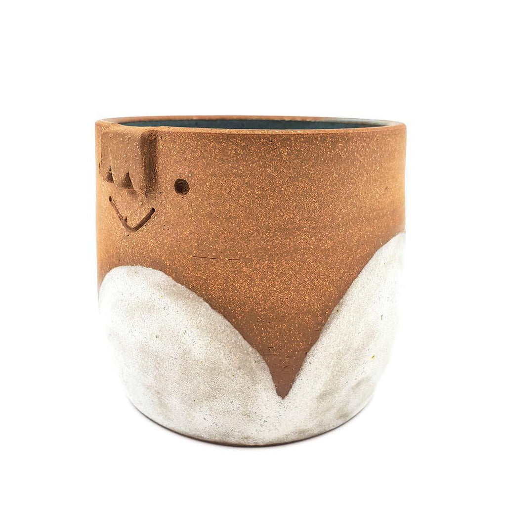 Friendly Pot -  M - Smiling with White Scallop Base Cachepot (Teal Interior) by Kathy Manzella Ceramics