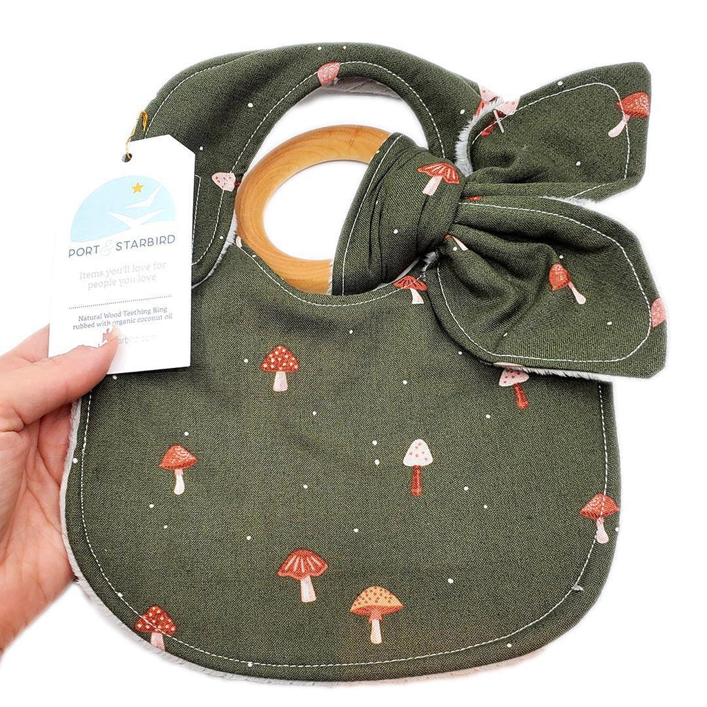 Gift Set - Mushrooms on Green Bib and Teething Ring by Port and Starbird