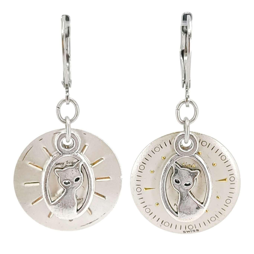 Earrings - Silver Cat Watch Dials by Christine Stoll Studio