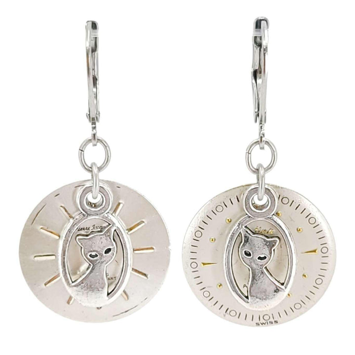 Earrings - Silver Cat Watch Dials by Christine Stoll Studio