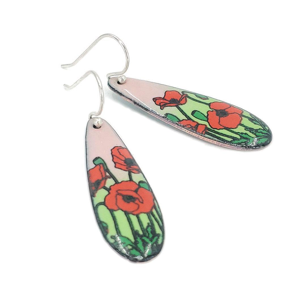 Earrings - Red Poppies Long Teardrop (Pink Green) by Magpie Mouse Studios