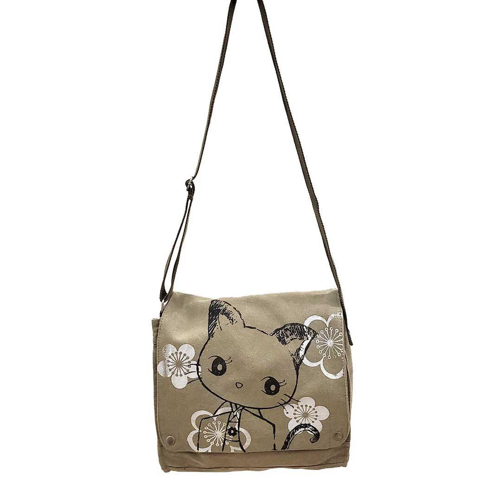 Messenger Bag - Kimono Kitty Black White on Olive Green Canvas by Namu