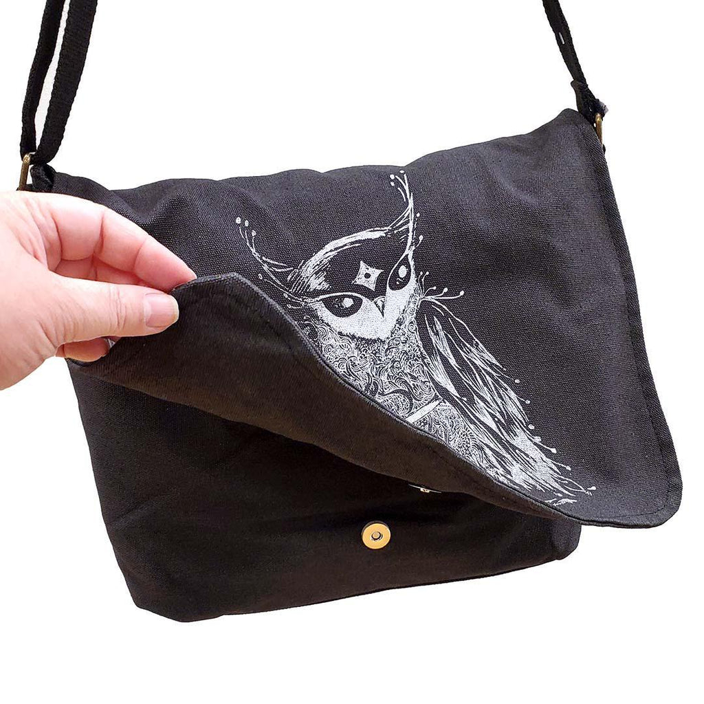 Laptop Bag - Samurai Owl White Ink on Black Canvas Bag by Namu