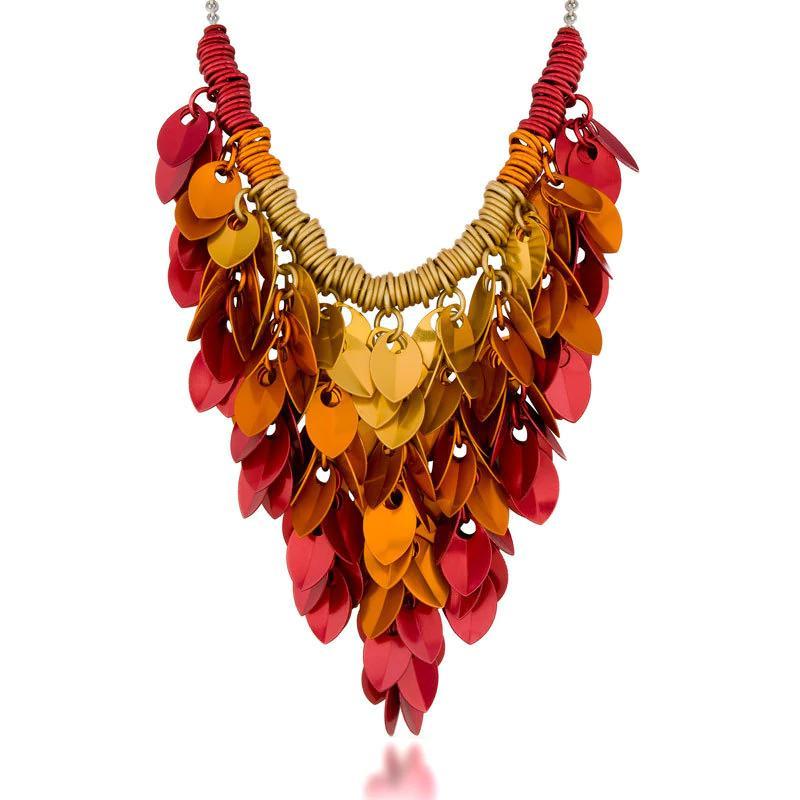 Necklace - Statement Leafy Cascade Bib (Flame) by Rebeca Mojica