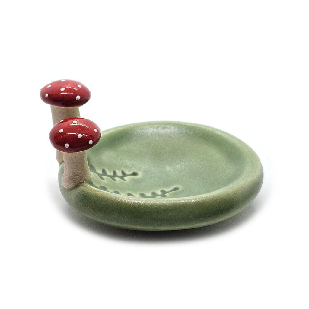 Round Ring Dish - Red Mushrooms and Fern Fronds (Small Green) by Tasha McKelvey