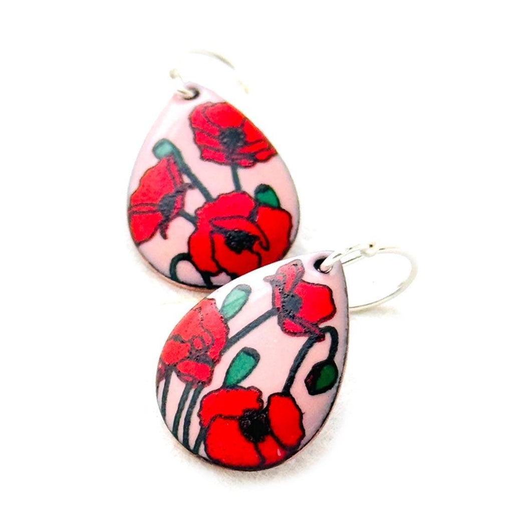 Earrings - Small Teardrop (Poppies on Petal Pink) by Magpie Mouse Studios