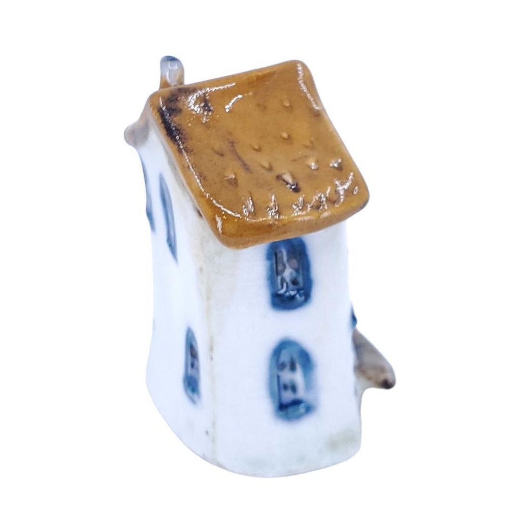 Tiny House - White House Blue Door Blue Windows Light Brown Roof by Mist Ceramics