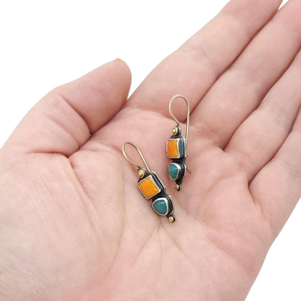 Earrings - Talking Stone in 14k Gold and Sterling with Spiny Oyster and Gem Silica by Allison Kallaway