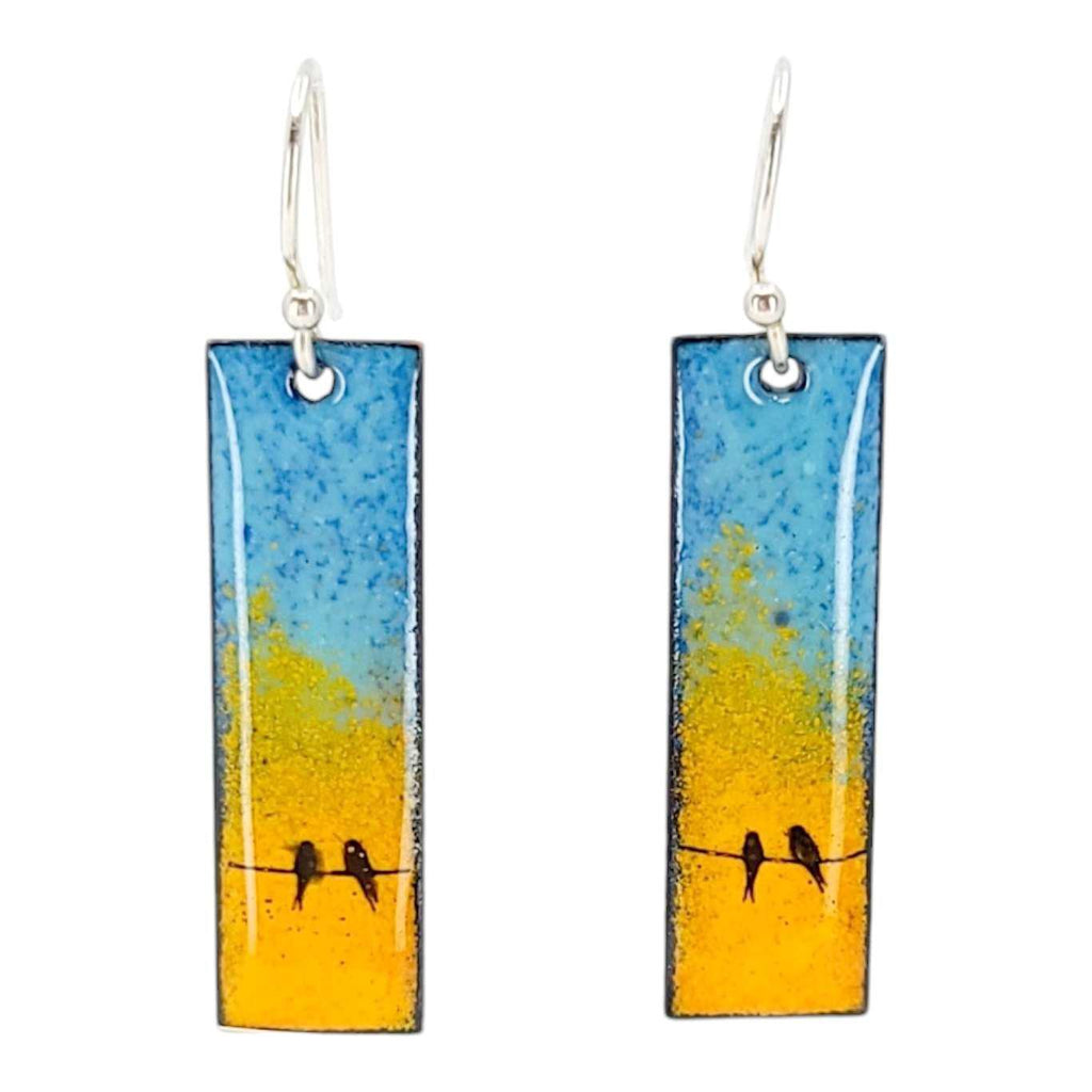 Earrings - Slim Rectangle Bird Pair on Orange and Blue Background by Magpie Mouse Studios