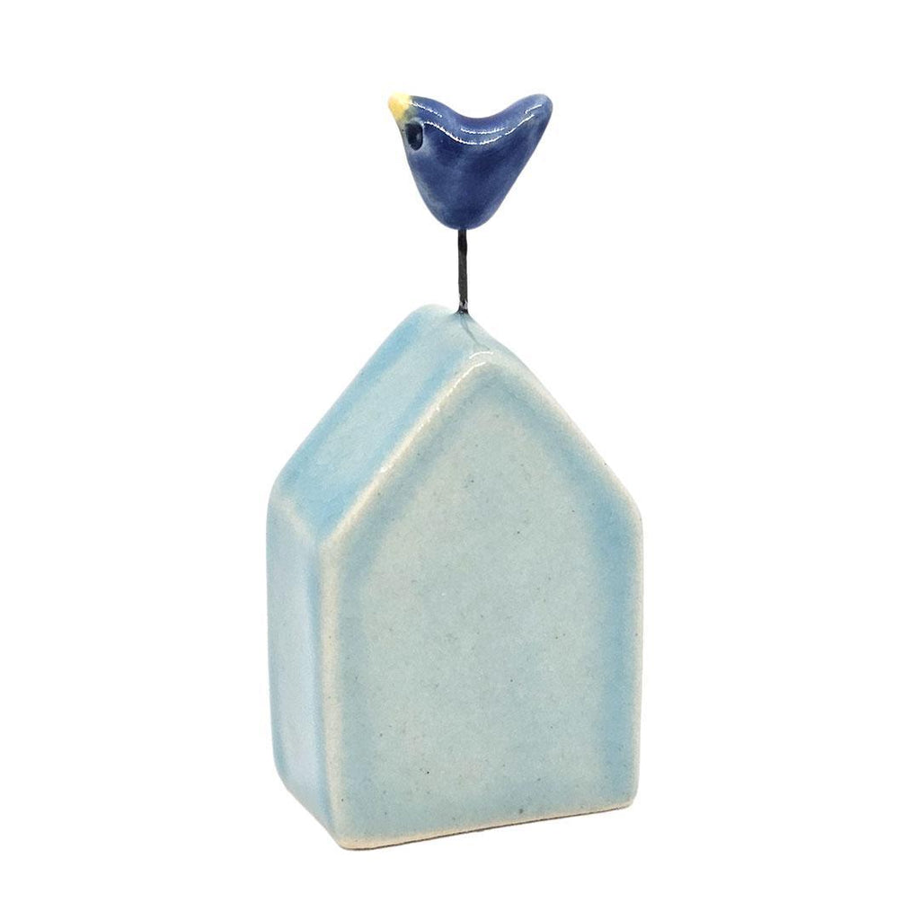 Tiny Pottery House - Aqua Blue with Bird by Tasha McKelvey