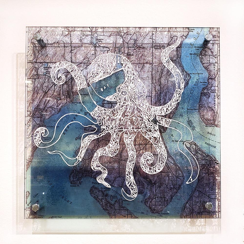 Wall Art - 12x12in - Octopus South Puget Sound Floating Frame Map by Modern Terrain