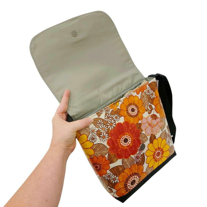Messenger Bag - Reinforced Tall - Vintage Orange Flowers by Laarni and Tita