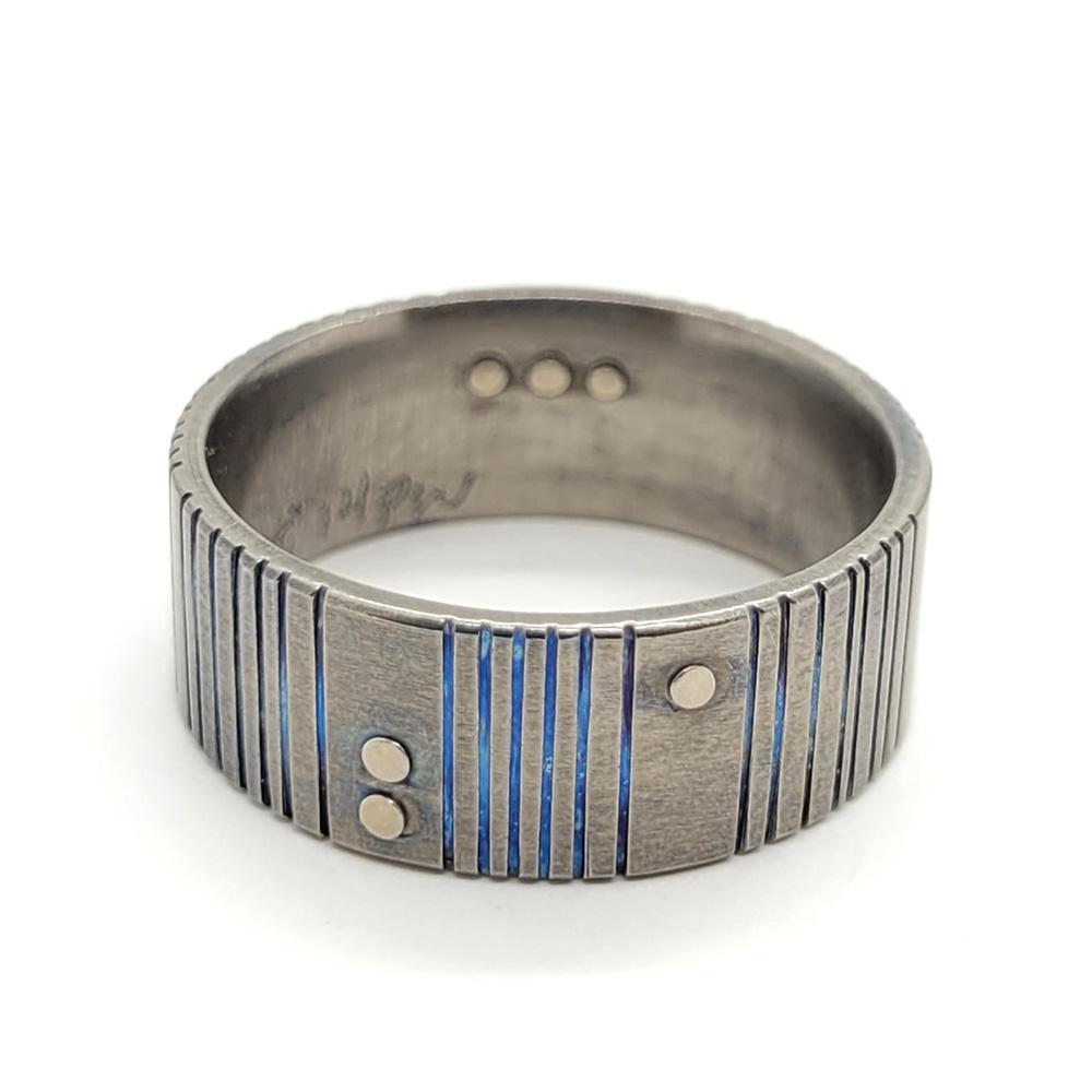 Ring - Size 9.5 - Titanium Blue Patina Grooves with 14KPW Rivets by Taviametal