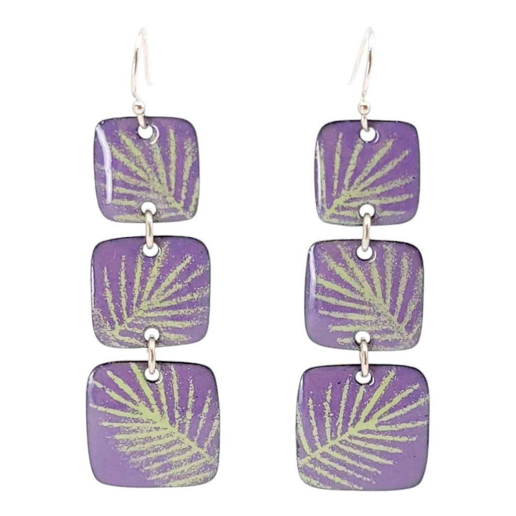 Earrings - Triple Square Drop (Green Palm Leaves on Soft Purple) by Magpie Mouse Studios