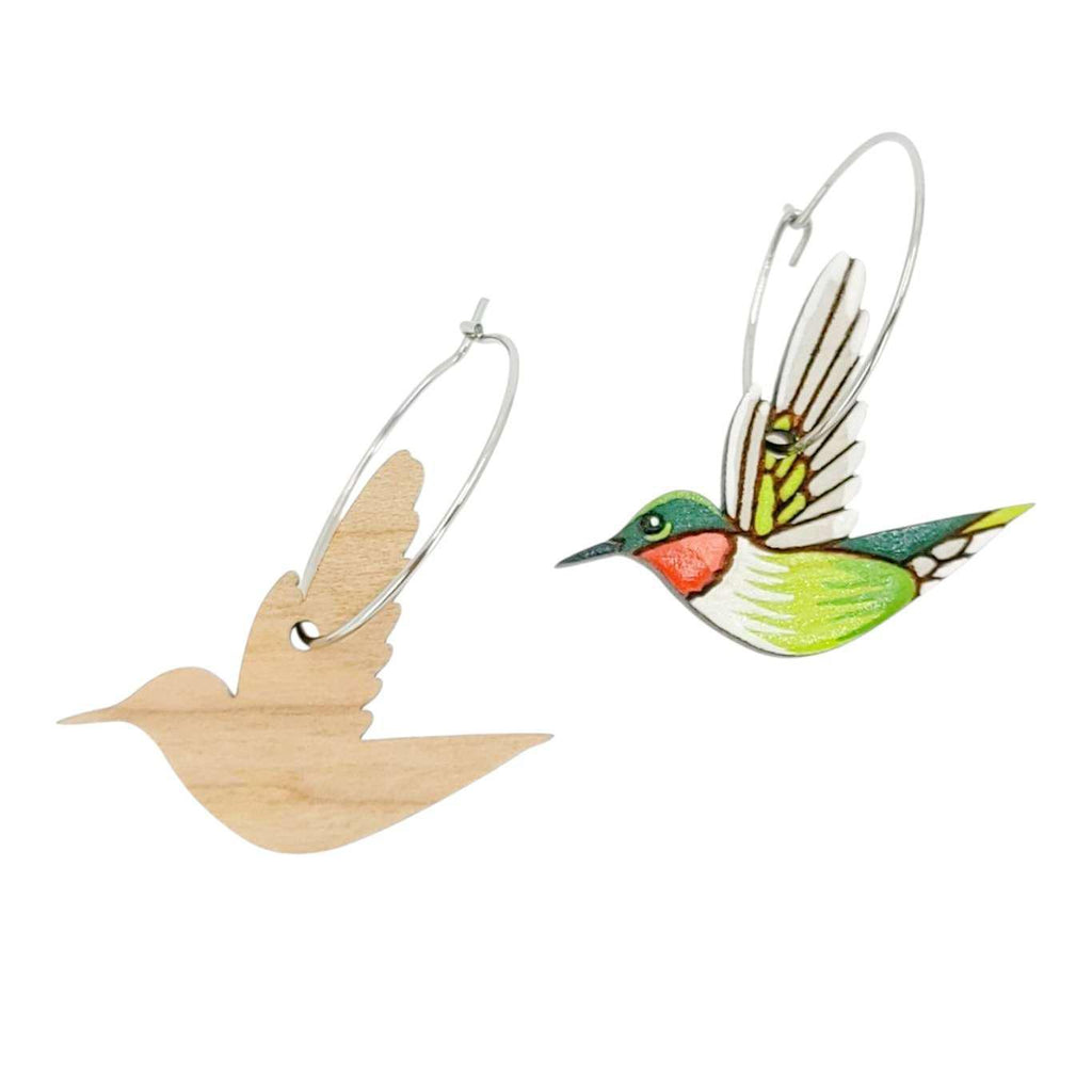 Bird-shaped wooden earrings with a colorful hummingbird design on a white background