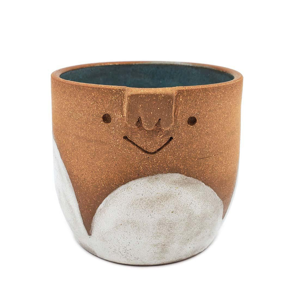 Friendly Pot -  M - Smiling with White Scallop Base Cachepot (Teal Interior) by Kathy Manzella Ceramics