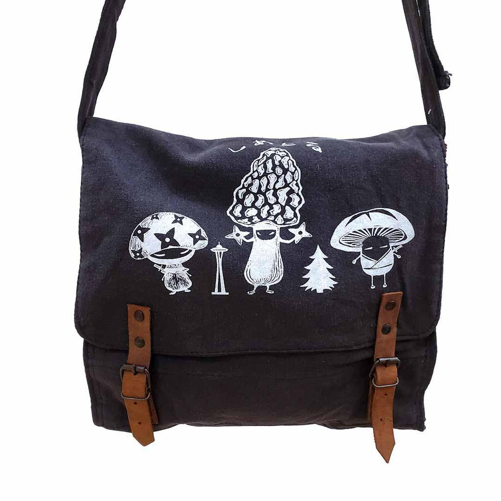 Medic Bag - White Mushroom Ninja Trio on Black Canvas Buckle Bag by Namu