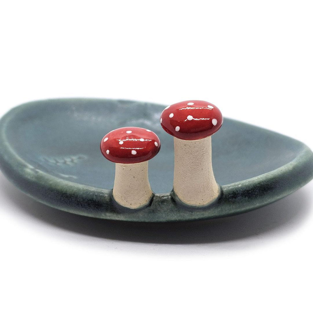 Oval Ring Dish - Red Mushrooms and Fern Fronds (Dark Teal) by Tasha McKelvey