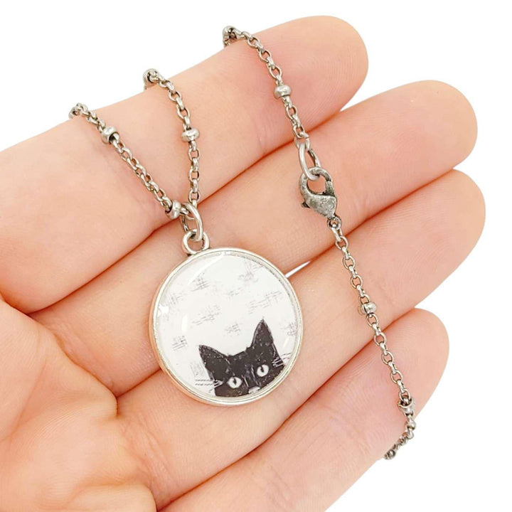 Necklace - Peeking Black Cat Circle Pendant (Silver) by Christine Stoll |Altered Relics