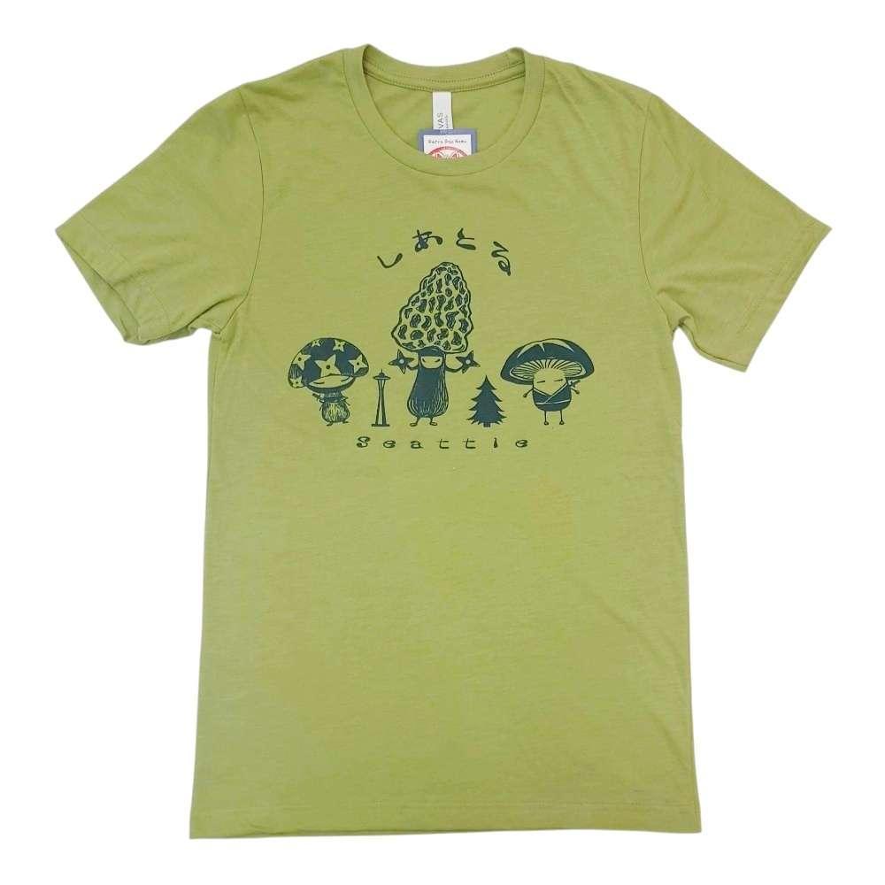 Adult Tee - Mushroom Trio on Olive Green Crew Neck (XS - 2XL) by Namu