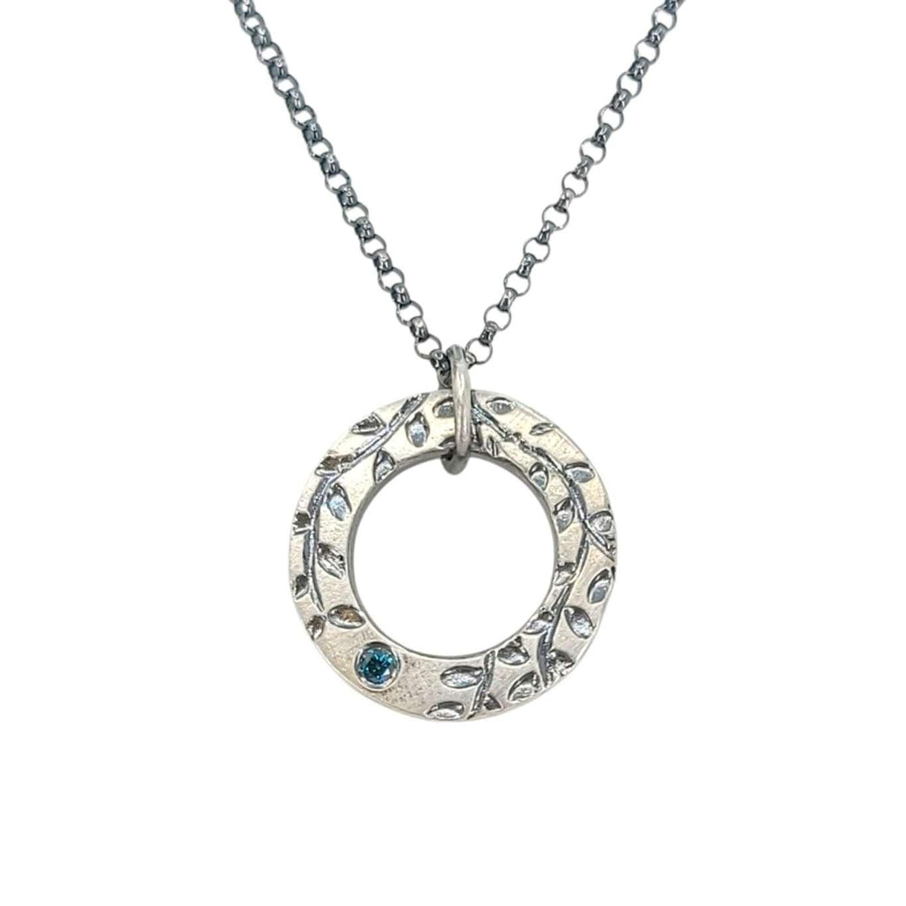 Necklace - Vine Textured Reversible Circle Pendant (Blue Diamond, Sterling Silver) by Taviametal