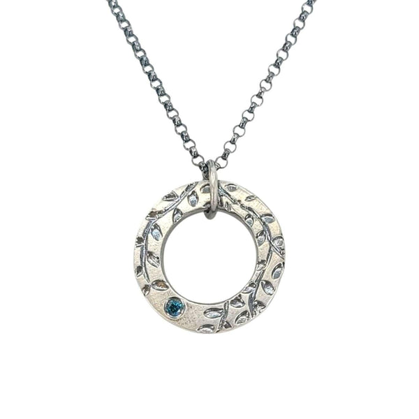 Necklace - Vine Textured Reversible Circle Pendant (Blue Diamond, Sterling Silver) by Taviametal