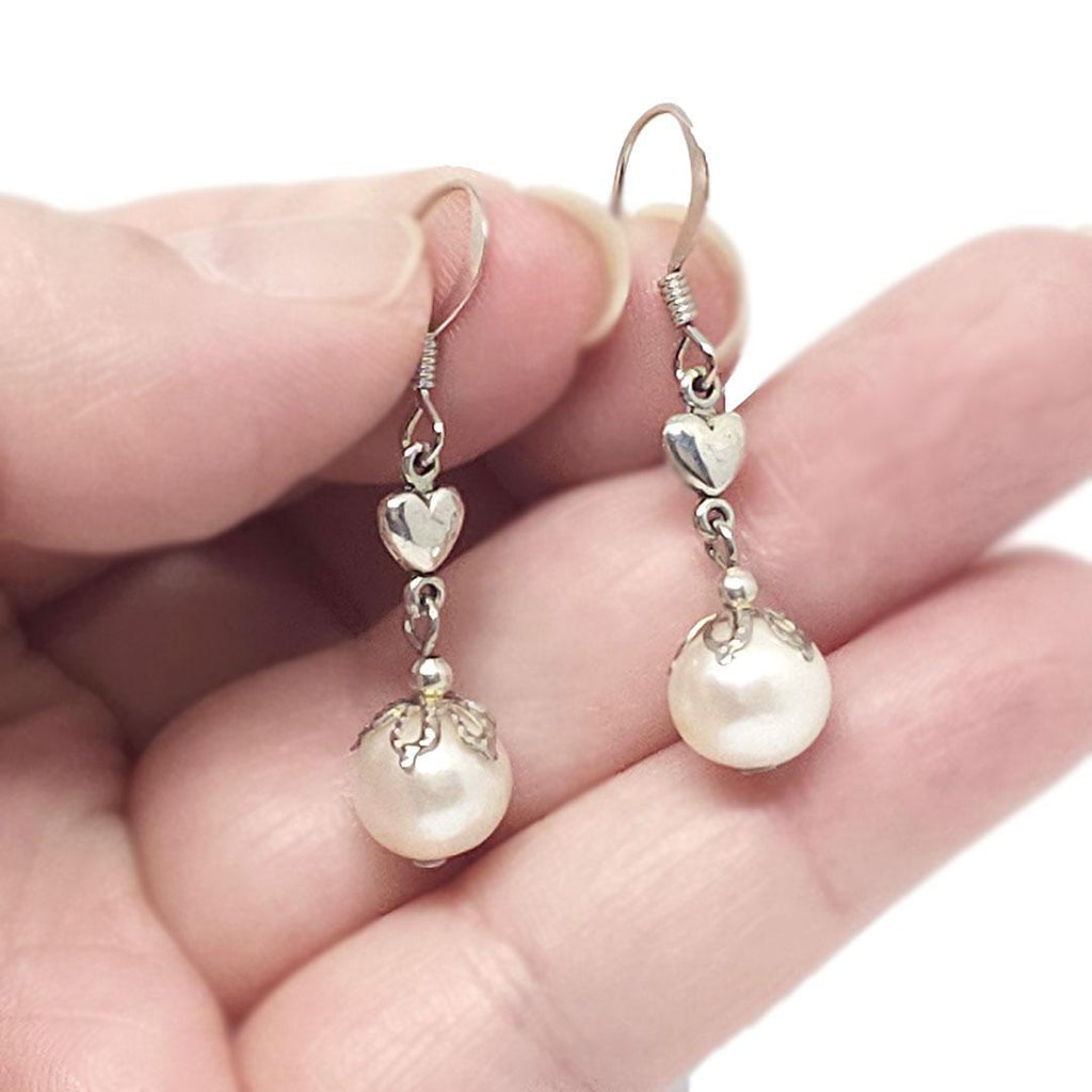 Earrings - Freshwater Pearl Drops Silver Plate Hearts by Tiny Aloha