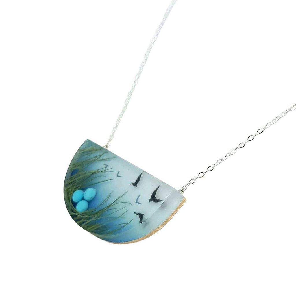 Necklace - Painted Nesting Birds with Green Grass by Fernworks