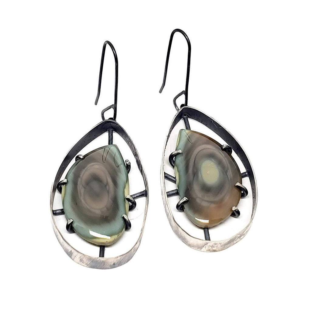 Earrings - Wayfinder Green Pink Imperial Jasper in Oxidized Sterling by Three Flames Silverworks