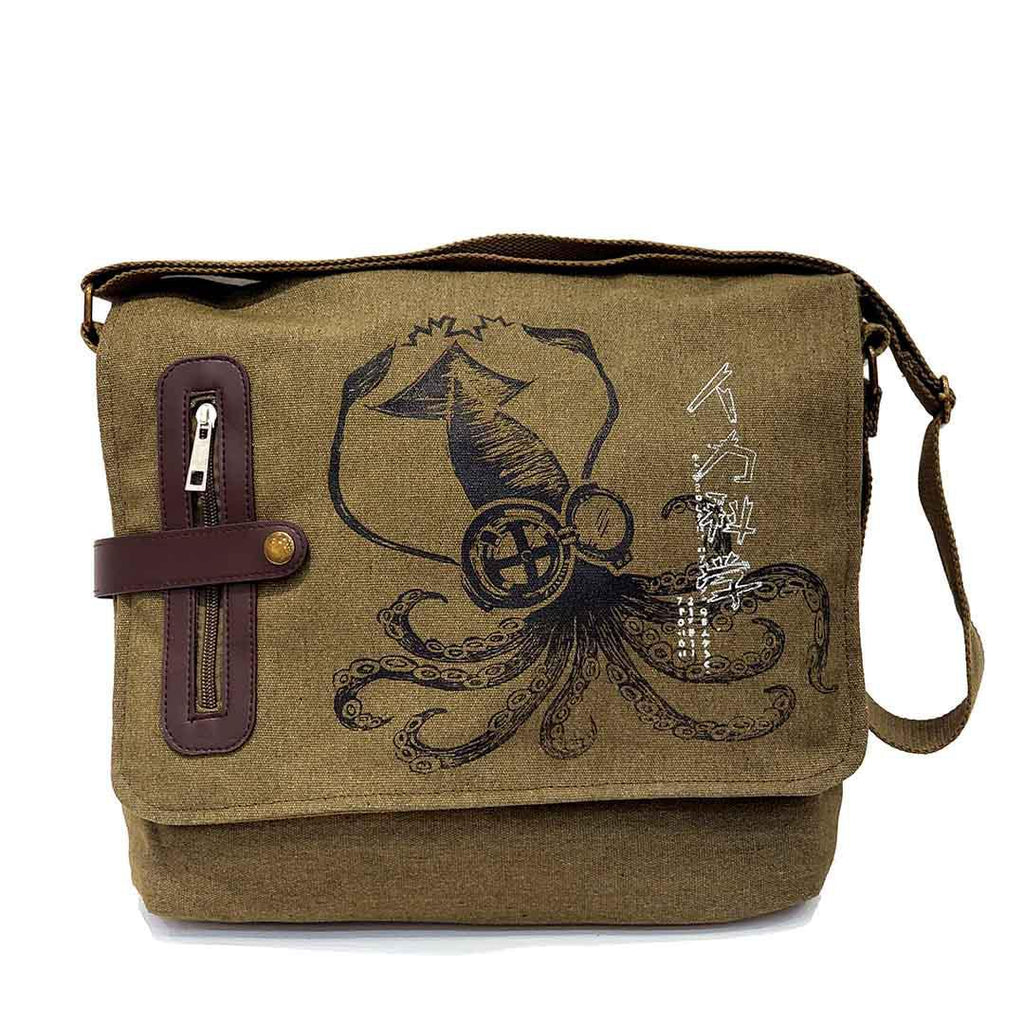 Laptop Bag - Science Squid Black on Olive Canvas Messenger Bag by Namu