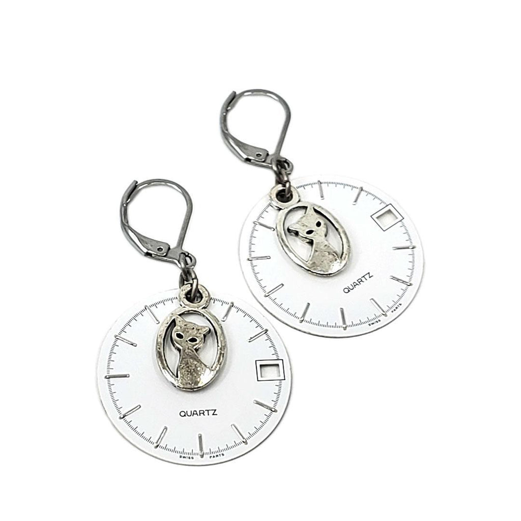 Earrings - Silver Cat Watch Dials by Christine Stoll Studio
