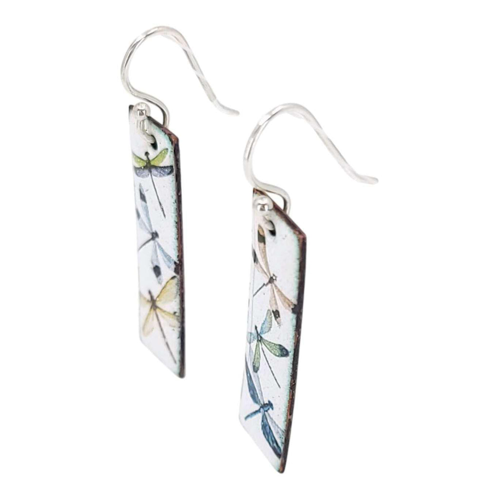 Earrings - Slim Rectangle Dragonflies on White Background by Magpie Mouse Studios