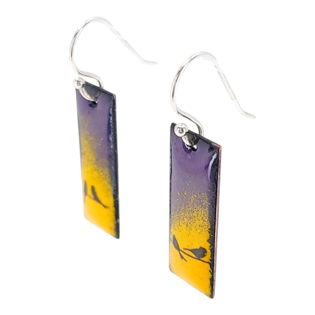 Earrings - Slim Rectangle Bird Pair on Orange and Purple Background by Magpie Mouse Studios