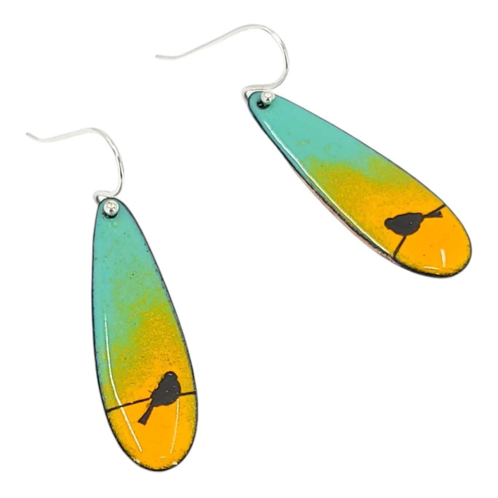 Earrings - Long Teardrop Birds on Orange and Blue Background by Magpie Mouse Studios