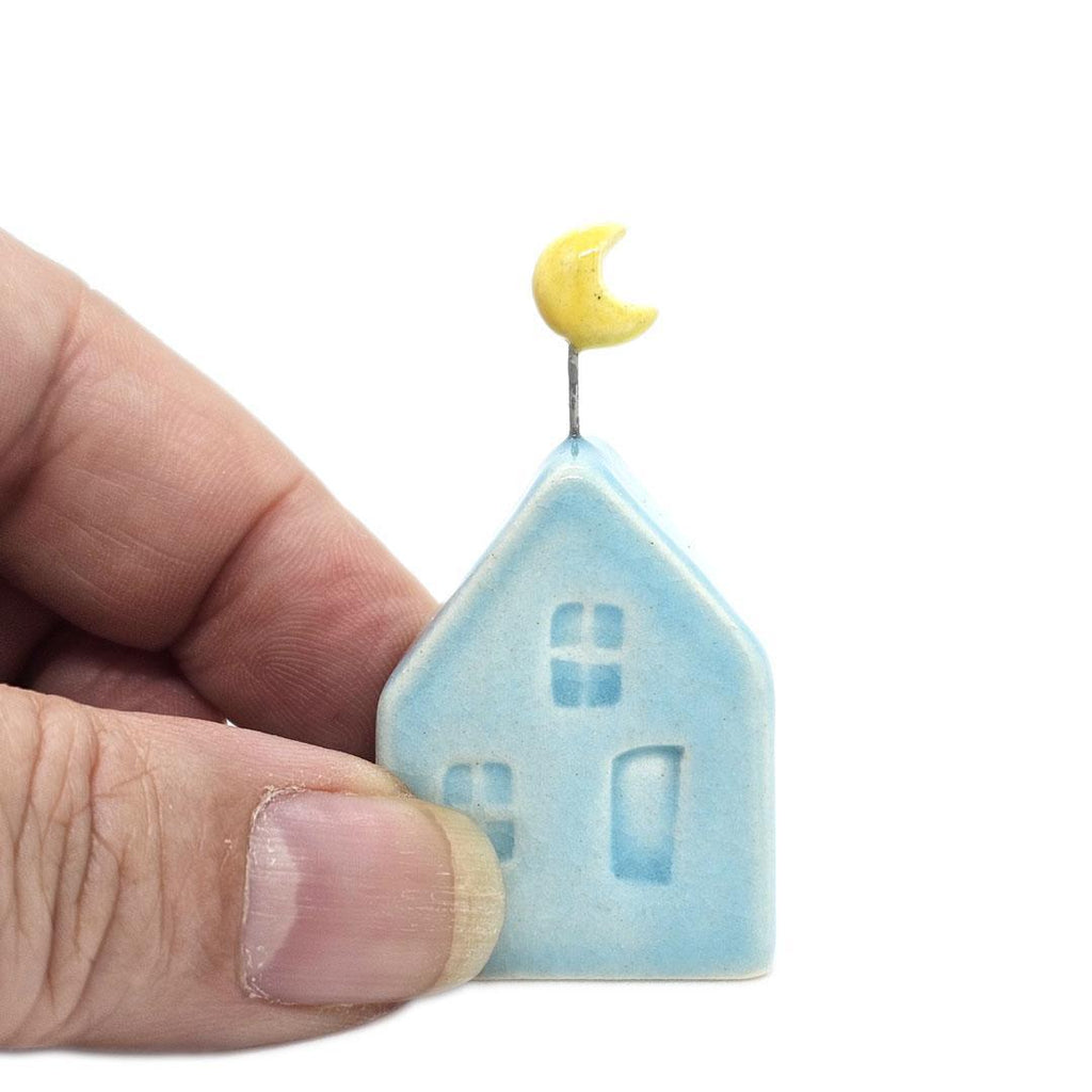 Tiny Pottery House - Aqua Blue with Moon by Tasha McKelvey